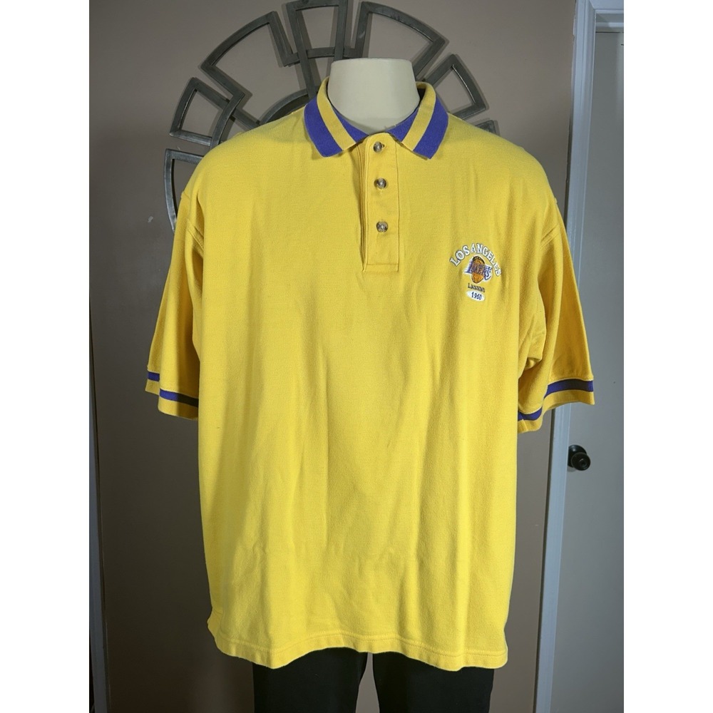 Los Angeles Lakers 90s Vintage Embroidered Polo‎ Shirt Mens 2XL Yellow Active